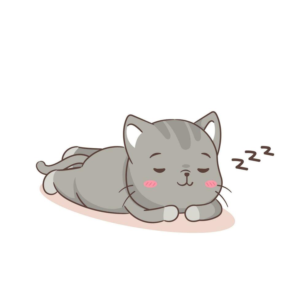 Cute lazy Cat cartoon character sleeping. Chibi Adorable animal concept design. Isolated white background. Vector art illustration.