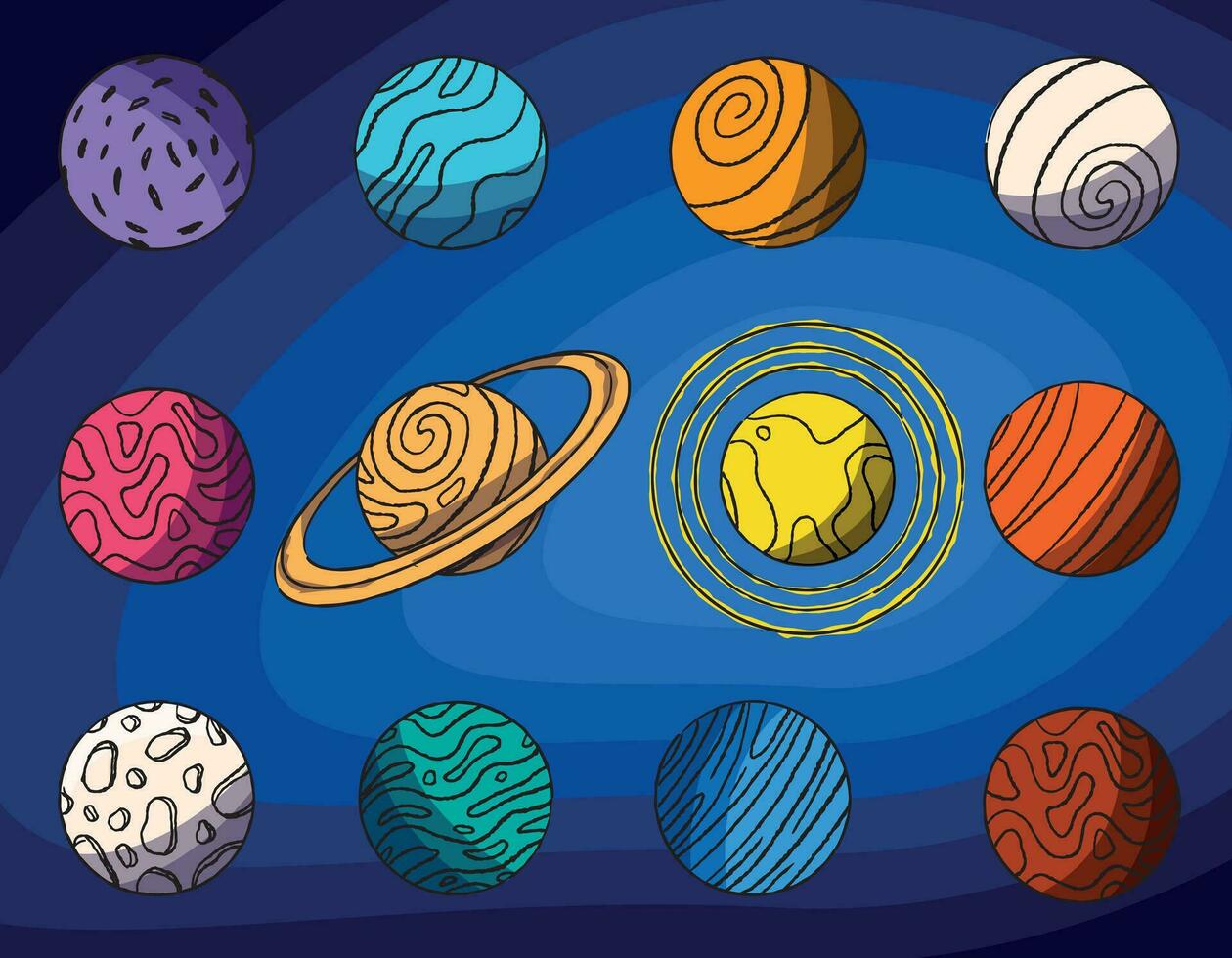 Set of planets in space, simple design drawn with a brush. Vector illustration for children