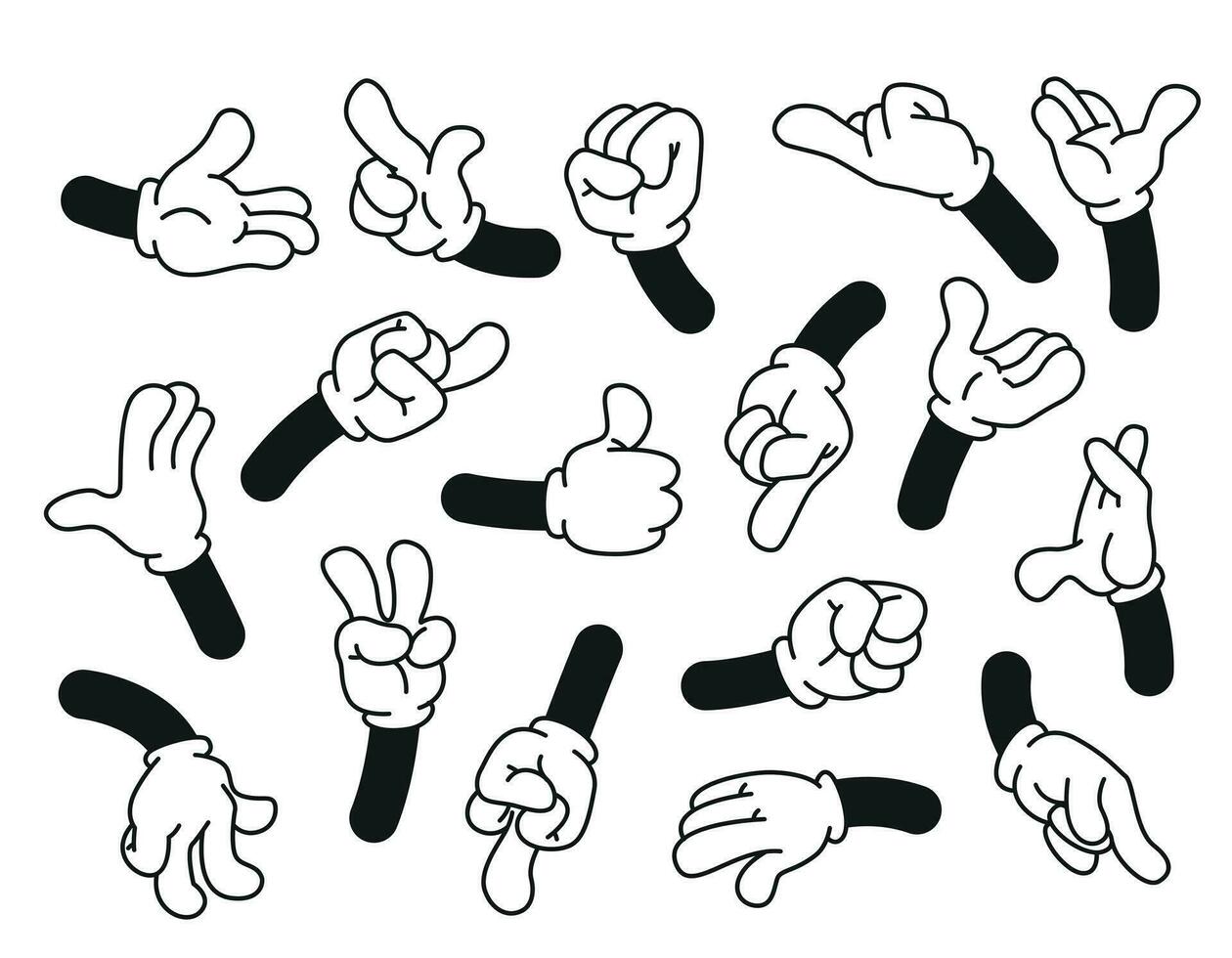Set of cartoon hands. Hands in gloves showing simple emotions and gestures. Collection of clipart expressions. Vector limbs, palms and fists