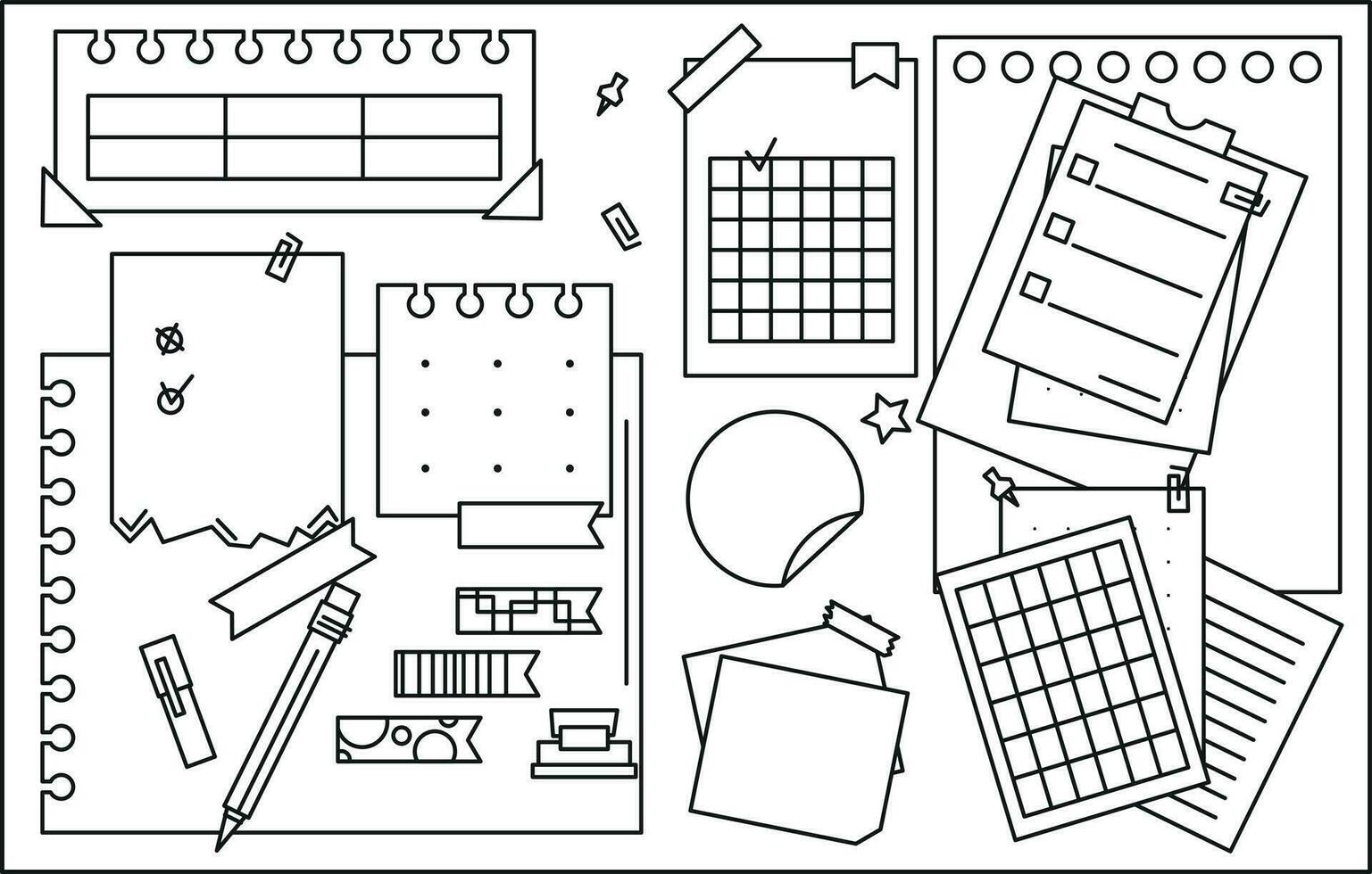 Set of line paper, sticky note, reminder, to-do list, sticky tape and pins. Bullet journal elements in doodle style. Vector illustration on white background