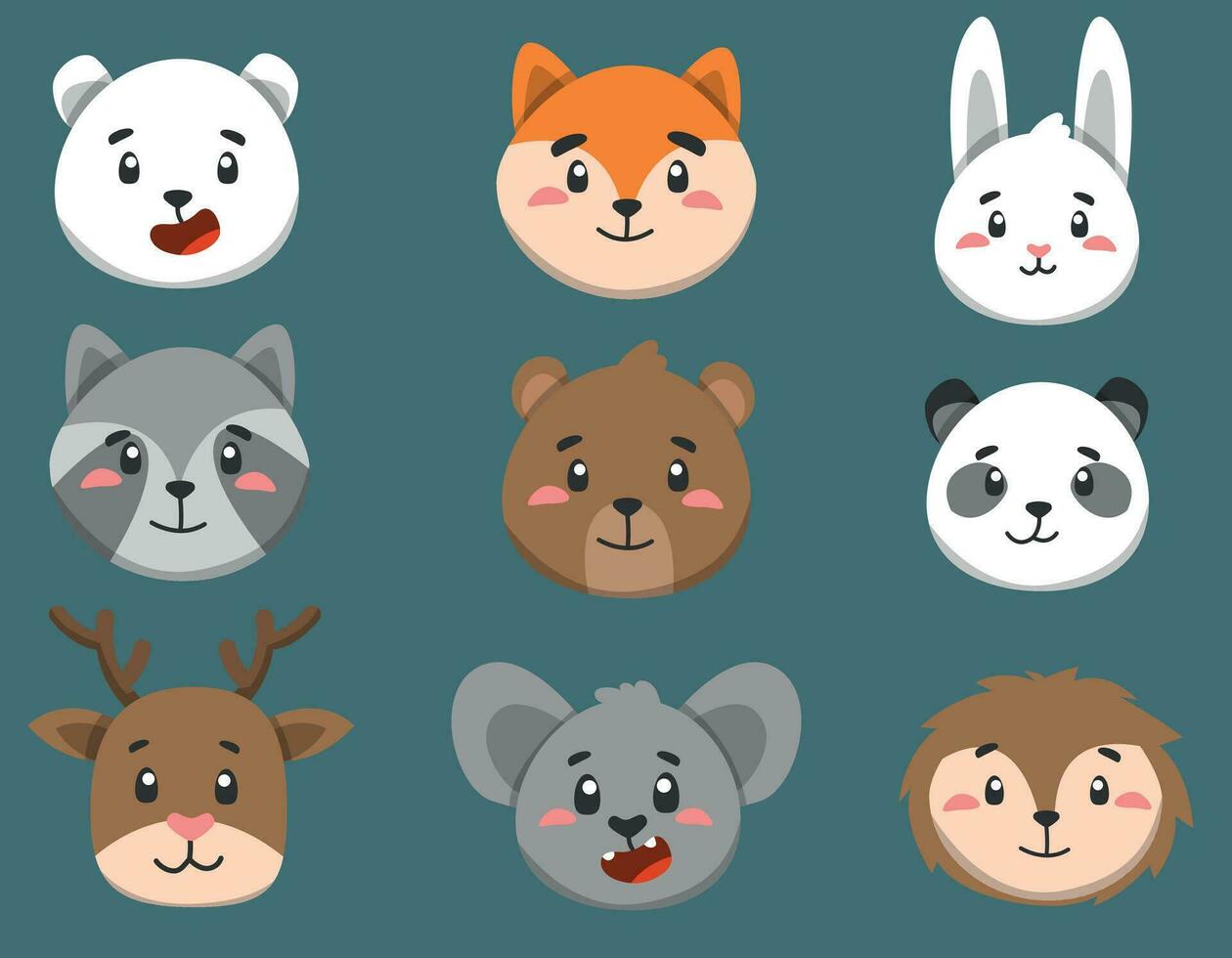 set of cute forest animals faces in vector, children characters for design vector