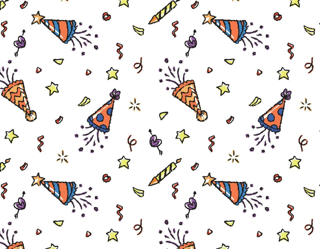 Pattern of patterns with hats for a birthday party in a groovy style. Bright festive digital paper for children, vector graphics, fireworks elements, stars, serpentine.