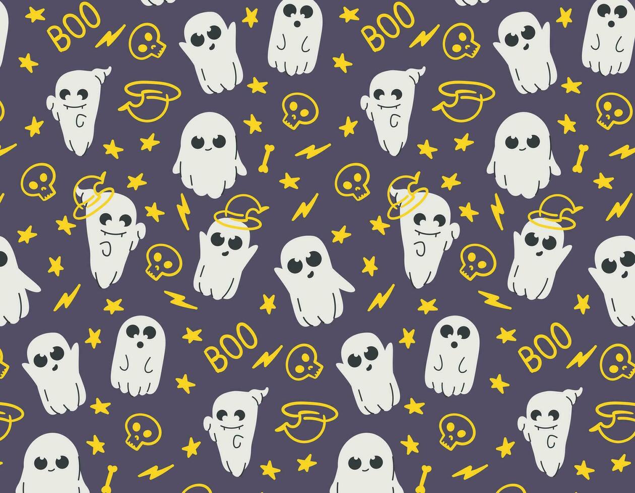 White cute Halloween ghost seamless pattern repeat print background. Vector illustration on transparent background, great for kids and home decor. Surface design.