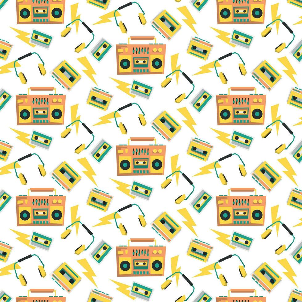 Pattern of objects from the 90s 80s, tetris, skates, tape recorder, lightning. Vector graphics in flat style