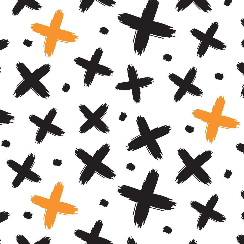 Seamless vector pattern.Abstract brush drawn pattern, print with hipster X. Trendy monochrome texture with pluses or crosses, kissing symbols. Trendy graphic vector design on transparent background