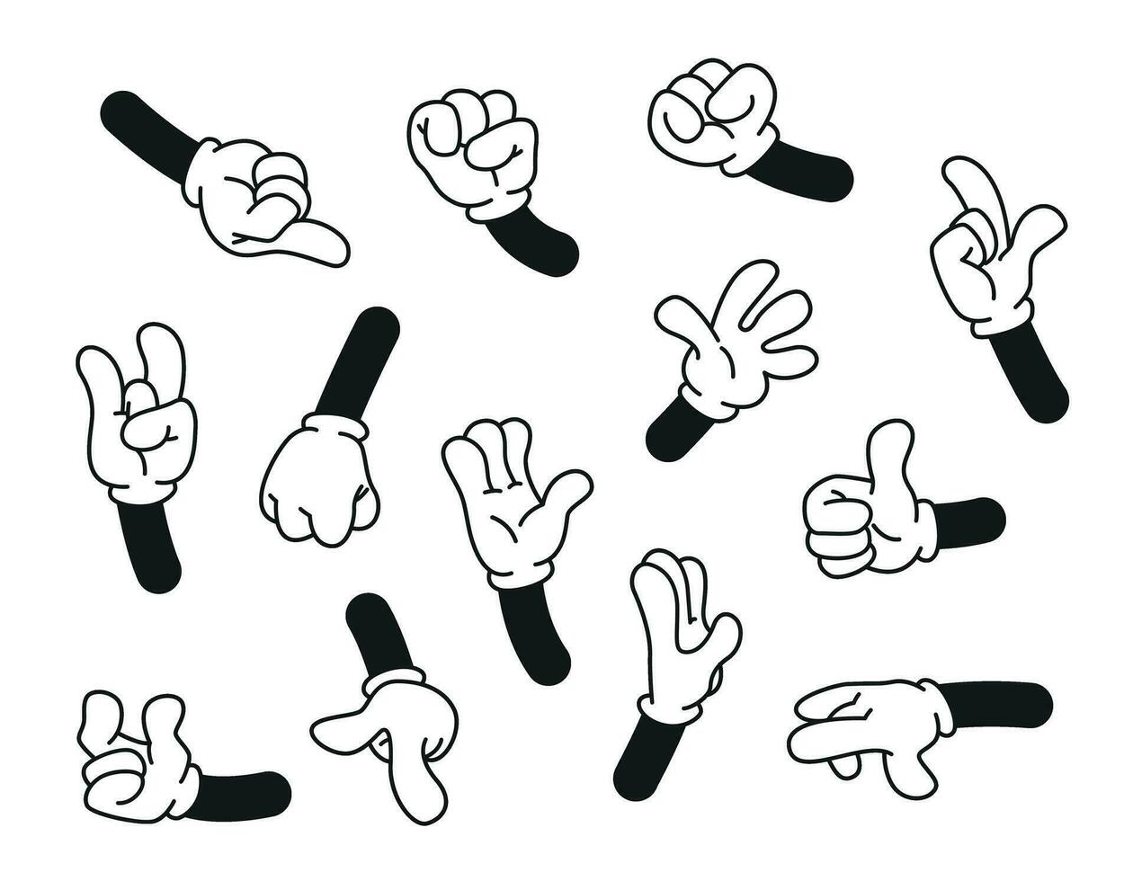 set of cartoon style hands in gloves, different emotionssymbols vector illustration objects isolated on a white background