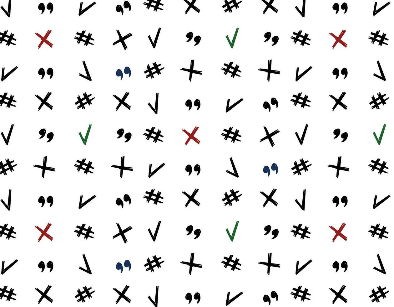 Seamless pattern of doodle signs, illustrative elements, checkmark, cross, quotation marks. Math pattern, minimalism, vector