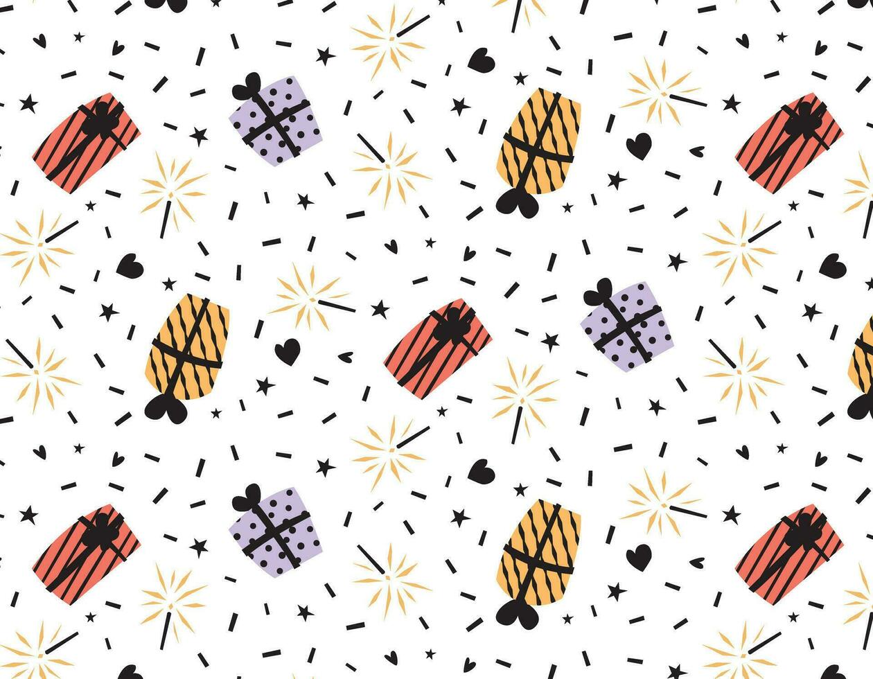 Gifts pattern with serpentine on a transparent background, vector graphics for packaging, textiles, gifts for children, seamless pattern, flat style