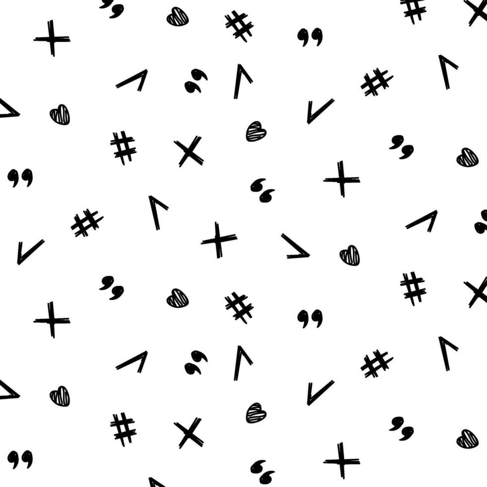 Seamless pattern of signs, tick, cross, quotation marks. Math pattern, minimalism, vector