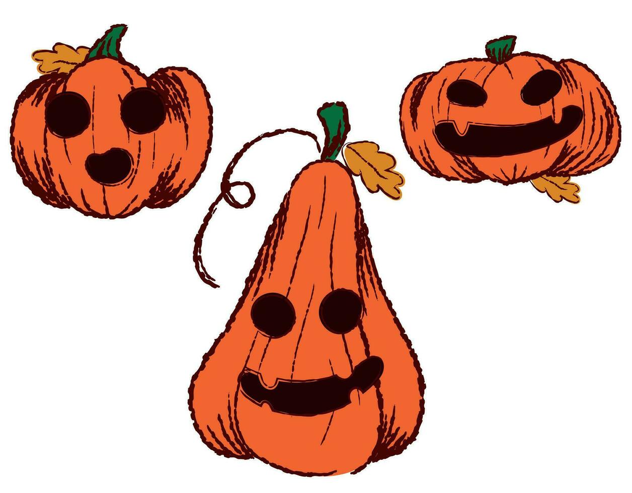 Pumpkin with emotions drawn with a brush, set, vector graphics, autumn, Halloween holiday. vector