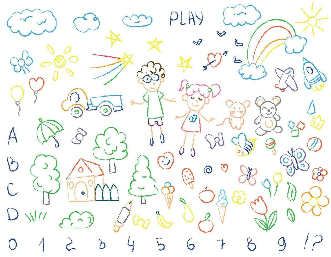 Set of children's scribbles, doodles with colored pencils. Children's drawings of flowers, plants, toys, numbers, objects, rainbows. Vector drawn with a brush
