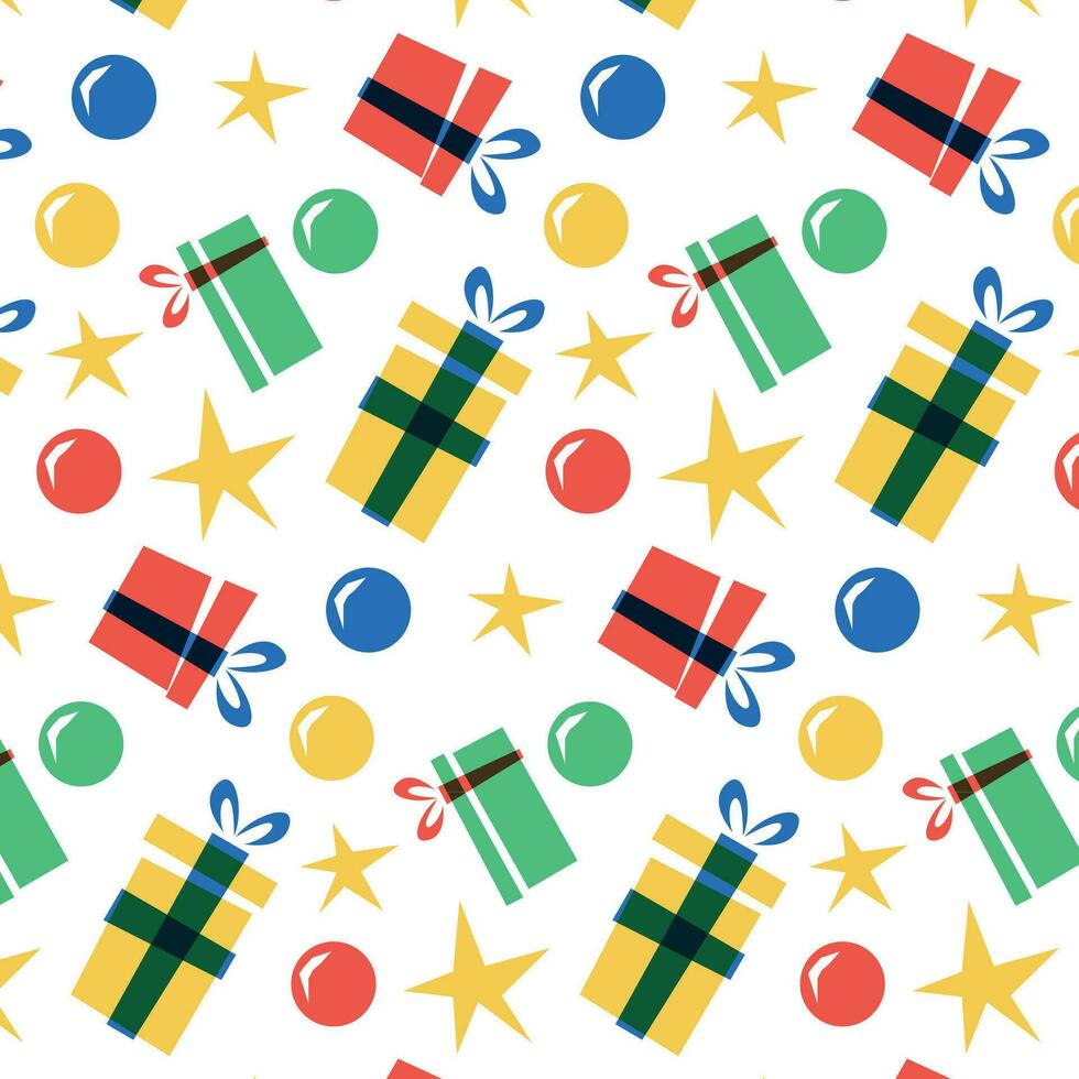 New Year pattern balls and colored gifts on a transparent background, vector pattern