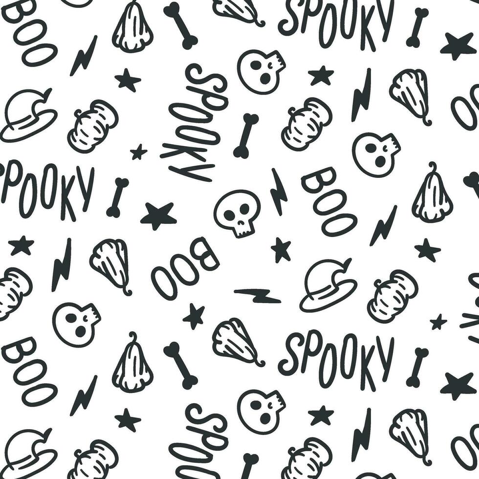 Halloween pattern elements, seamless pattern, simple doodle design for packaging design. Vector on a transparent background. Skulls, pumpkins, stars, slogan