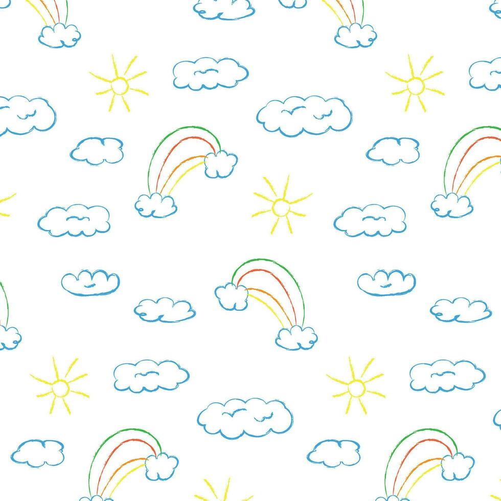 Cloud pattern with rainbow on isolated background, children's design for print, seamless pattern, vector, doodle illustration vector