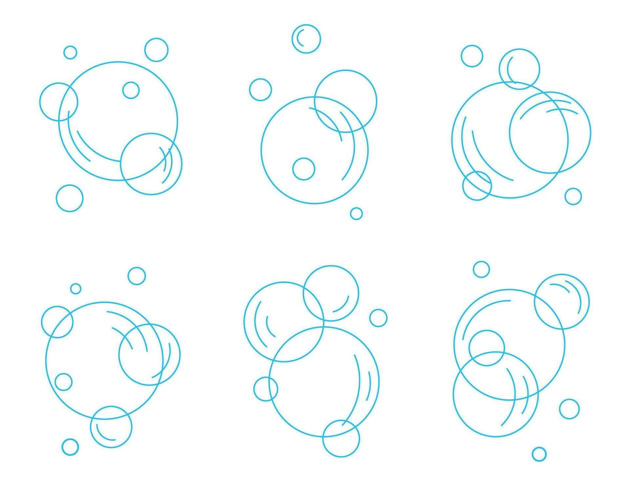 Set of flat blue line bubbles. Soap foam, carbonated drink, oxygen bubble pictogram, vector illustration.