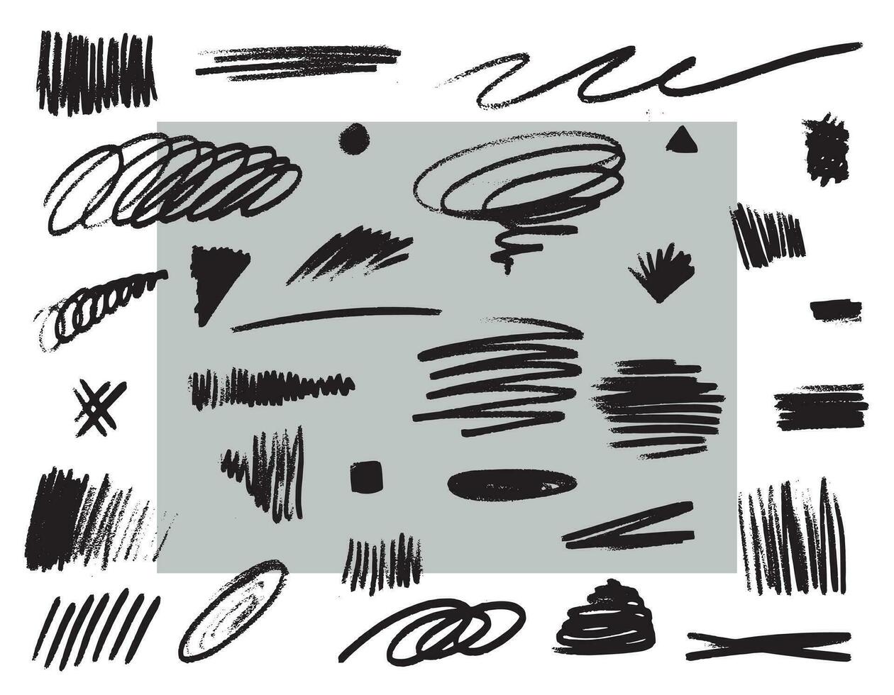 set of black strokes drawn with charcoal, squiggles and shapes. Hand drawn vector pencil lines and doodles. Rough pencil strokes. Set of children's doodles