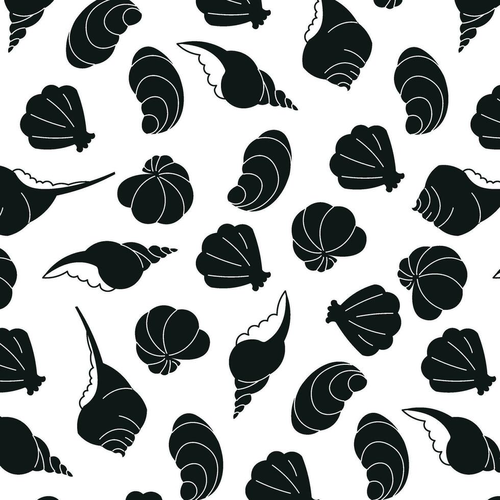 Pattern of black seashells on a transparent background, marine design, ocean shells. Seamless pattern vector