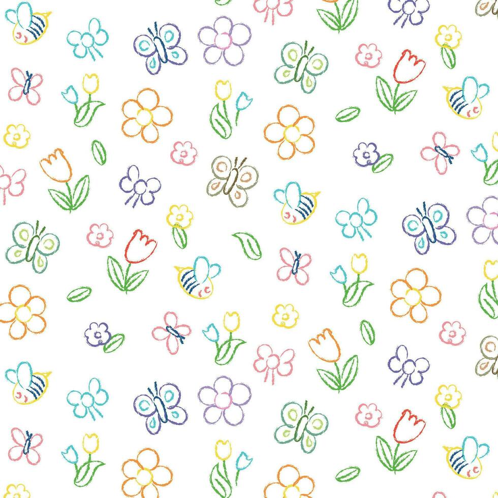 Doodle doodle pattern of flowers, children's drawing, seamless pattern on transparent background, vector design for children