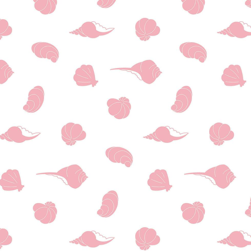 Pink seashells on a transparent background, seamless vector design, flat style. Minimalistic sea pattern. Print for textiles