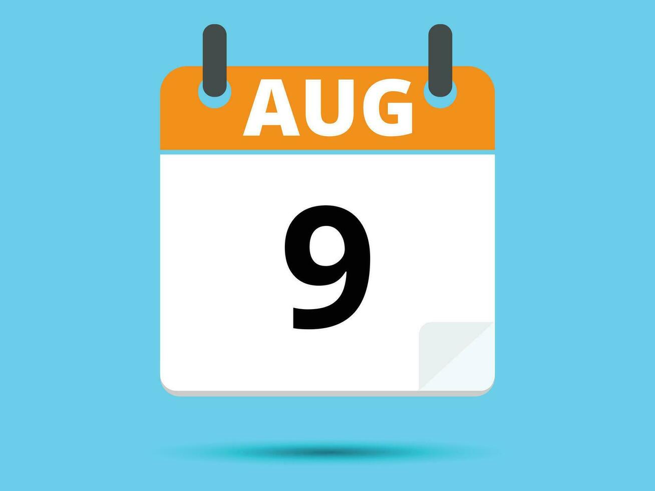 9 August. Flat icon calendar isolated on blue background. Vector illustration.