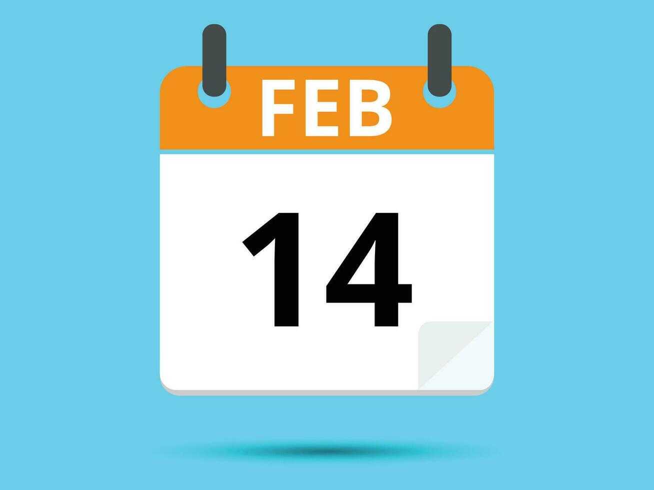14 February. Flat icon calendar isolated on blue background. Vector illustration.