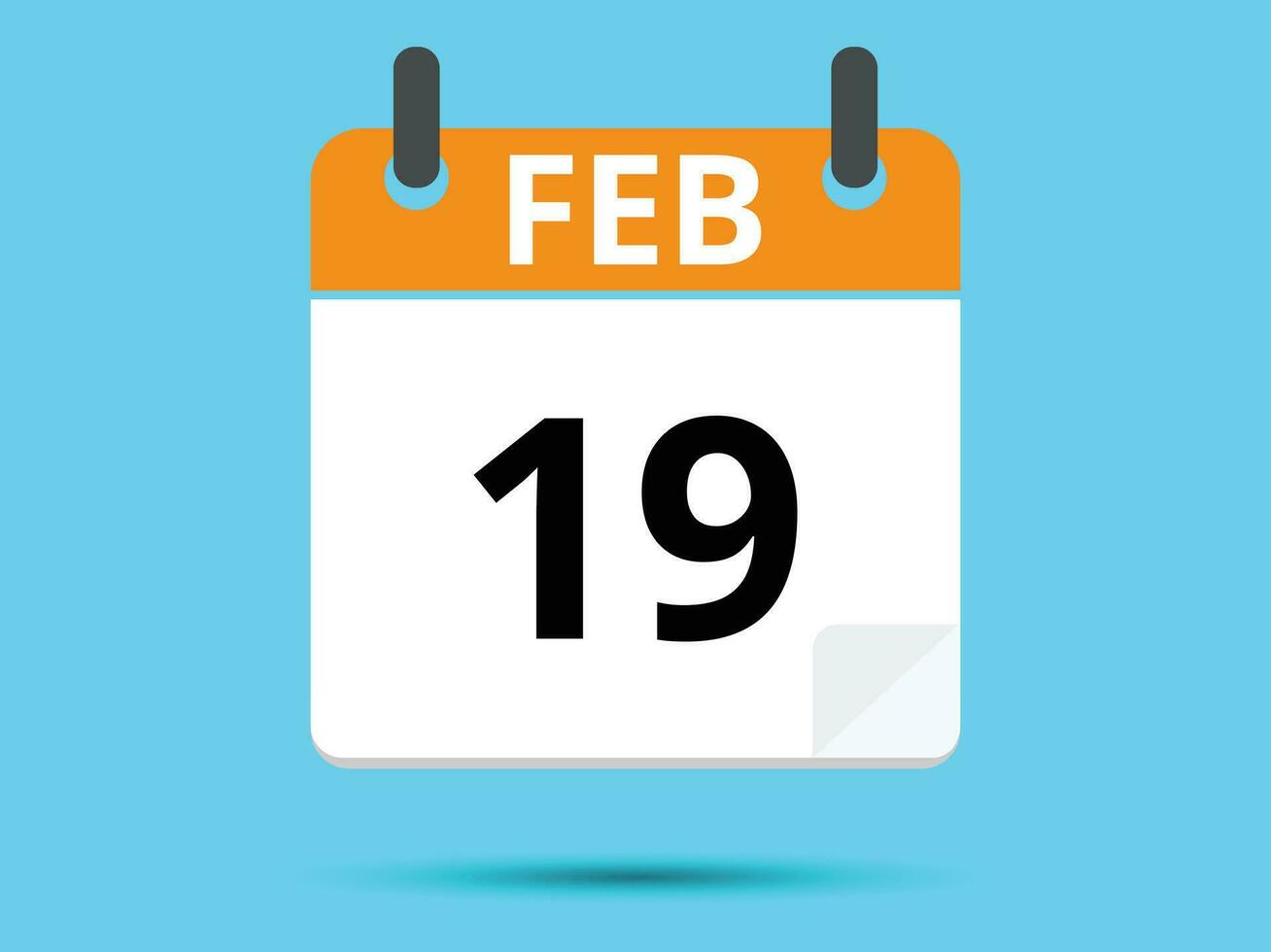 19 February. Flat icon calendar isolated on blue background. Vector illustration.