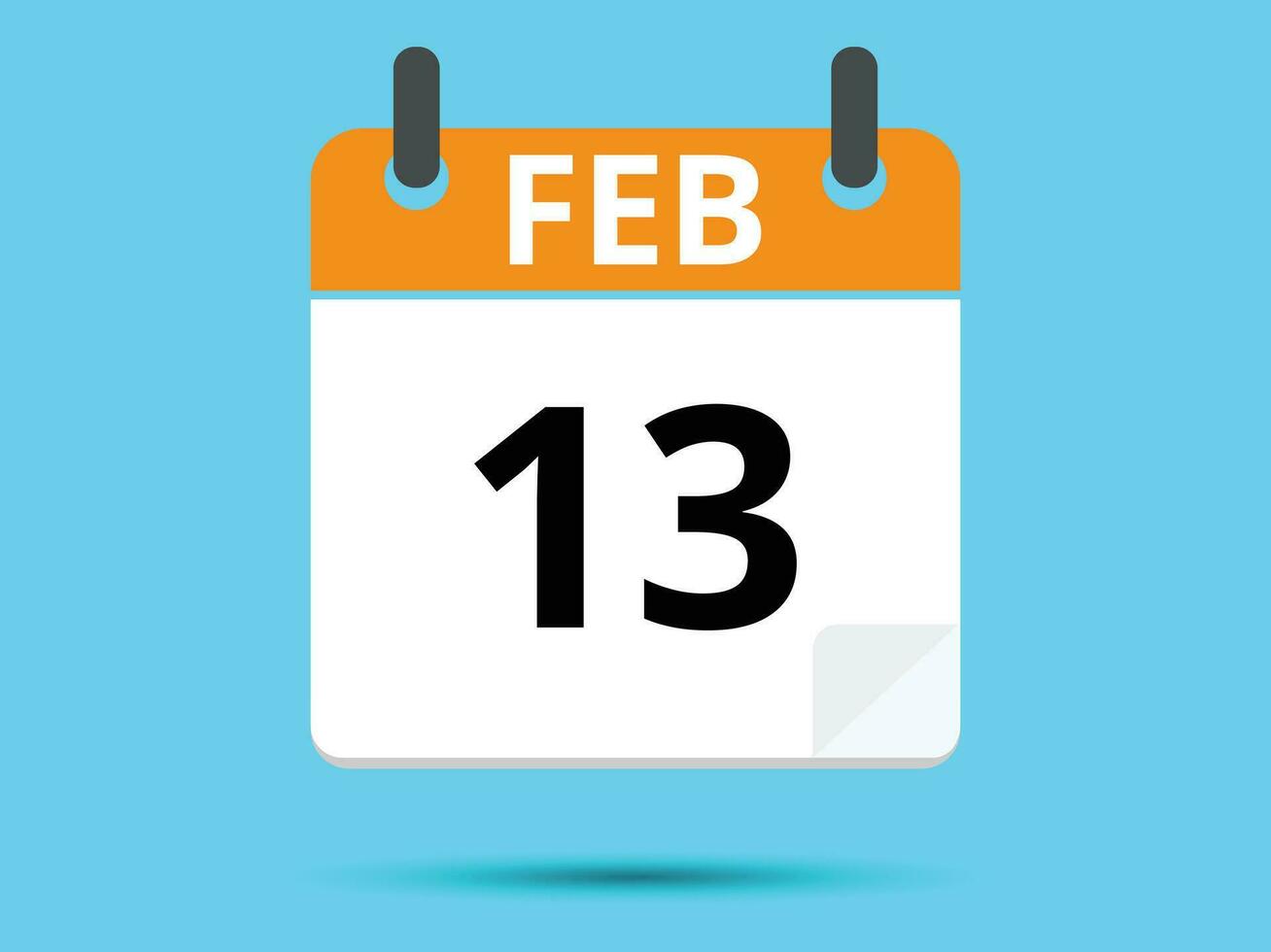 13 February. Flat icon calendar isolated on blue background. Vector illustration.