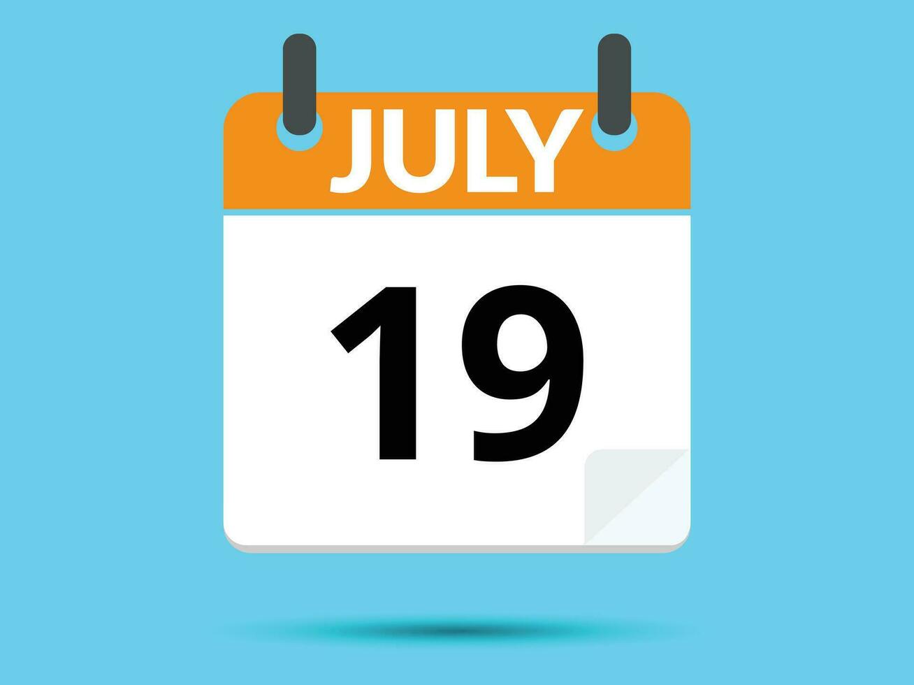 19 July. Flat icon calendar isolated on blue background. Vector illustration.