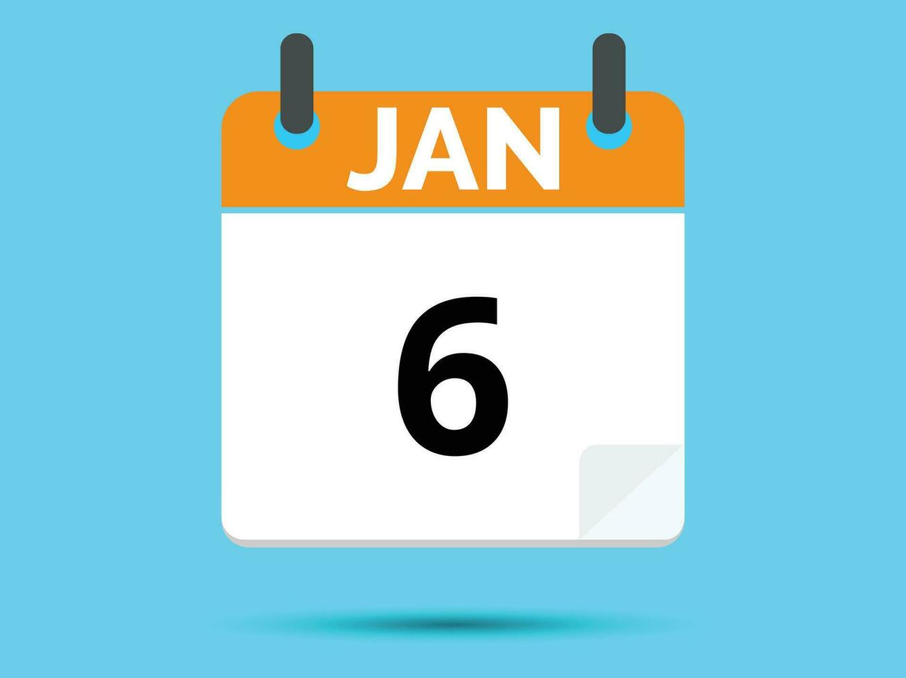 6 January. Flat icon calendar isolated on blue background. Vector illustration
