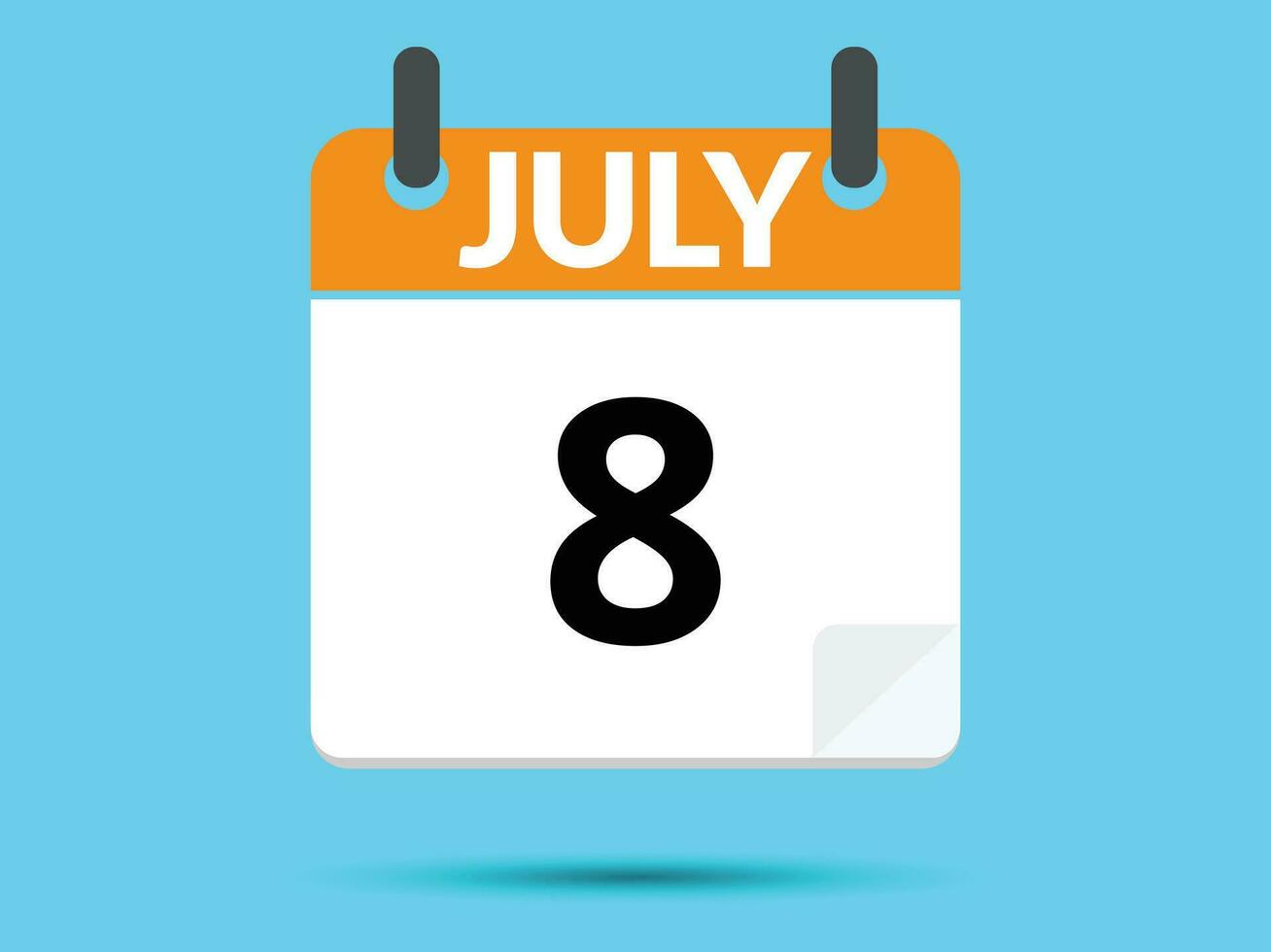 8 July. Flat icon calendar isolated on blue background. Vector illustration.