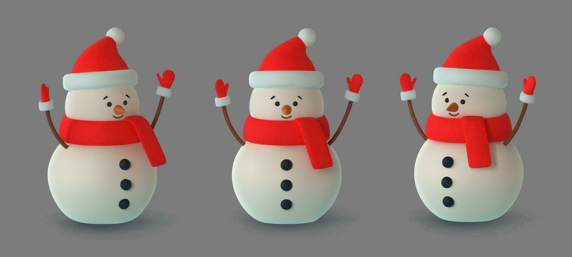 Set realistic 3d funny snowmans. Merry Christmas and Happy New Year. Vector illustration