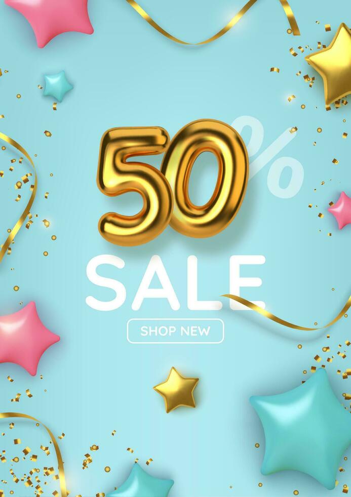 50 off discount promotion sale made of realistic 3d gold balloons with stars, sepantine and tinsel. Number in the form of golden balloons.  Vector