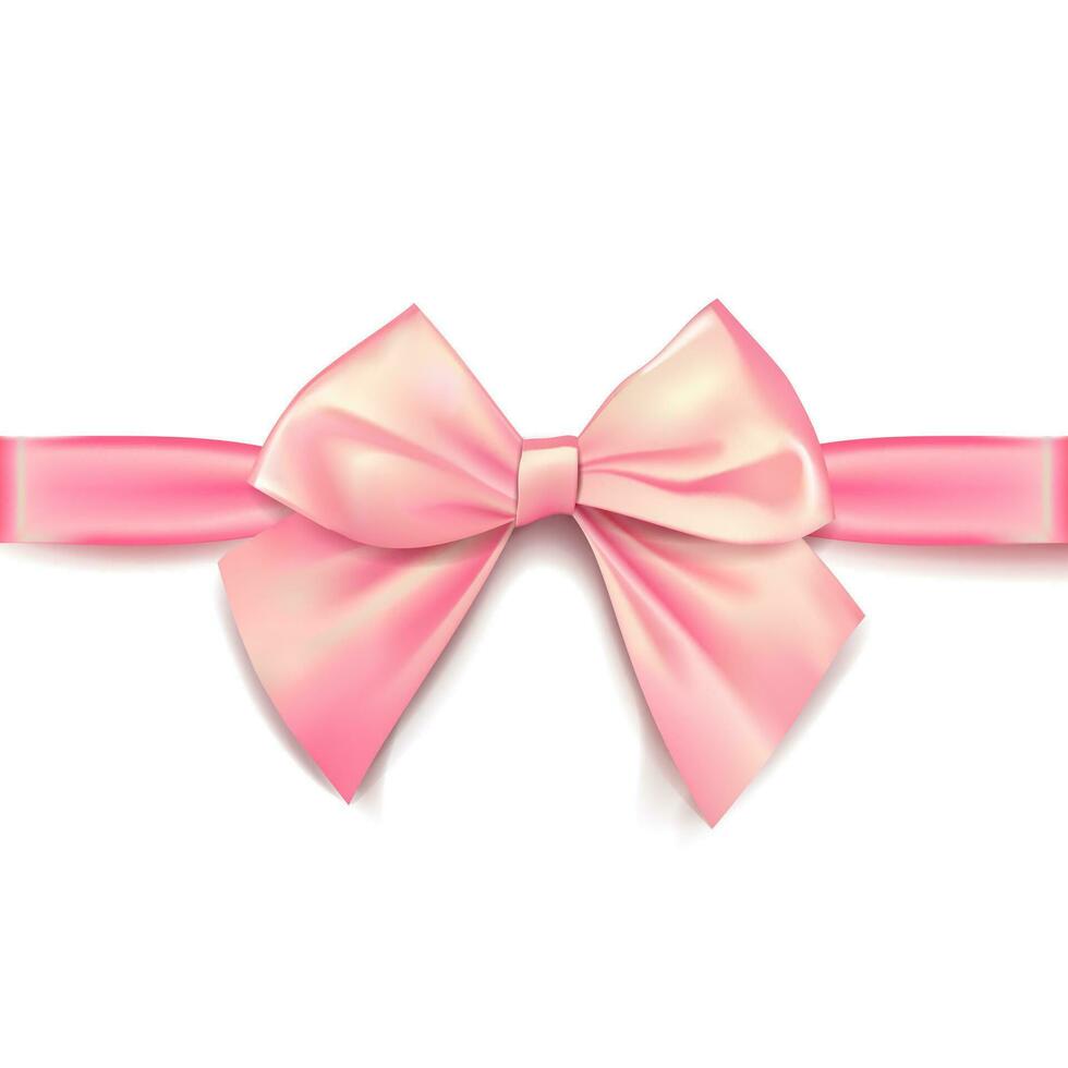 Pink bow for packing gifts. Realistic vector illustration on transparency grid.