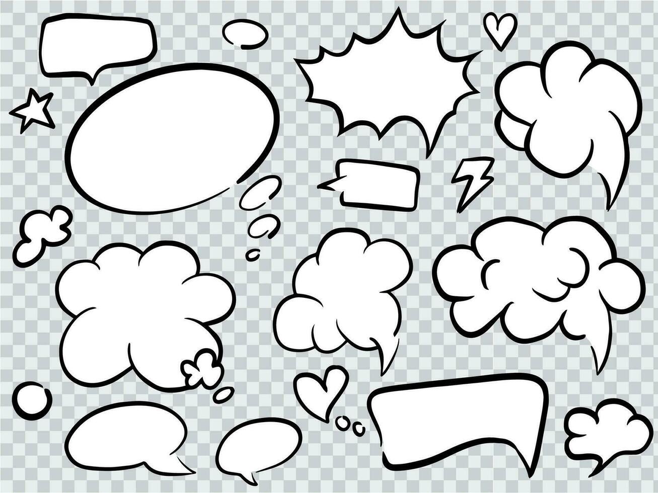 Set of Cartoon talk bubble. Speech clouds hand drawn art. Vector illustration