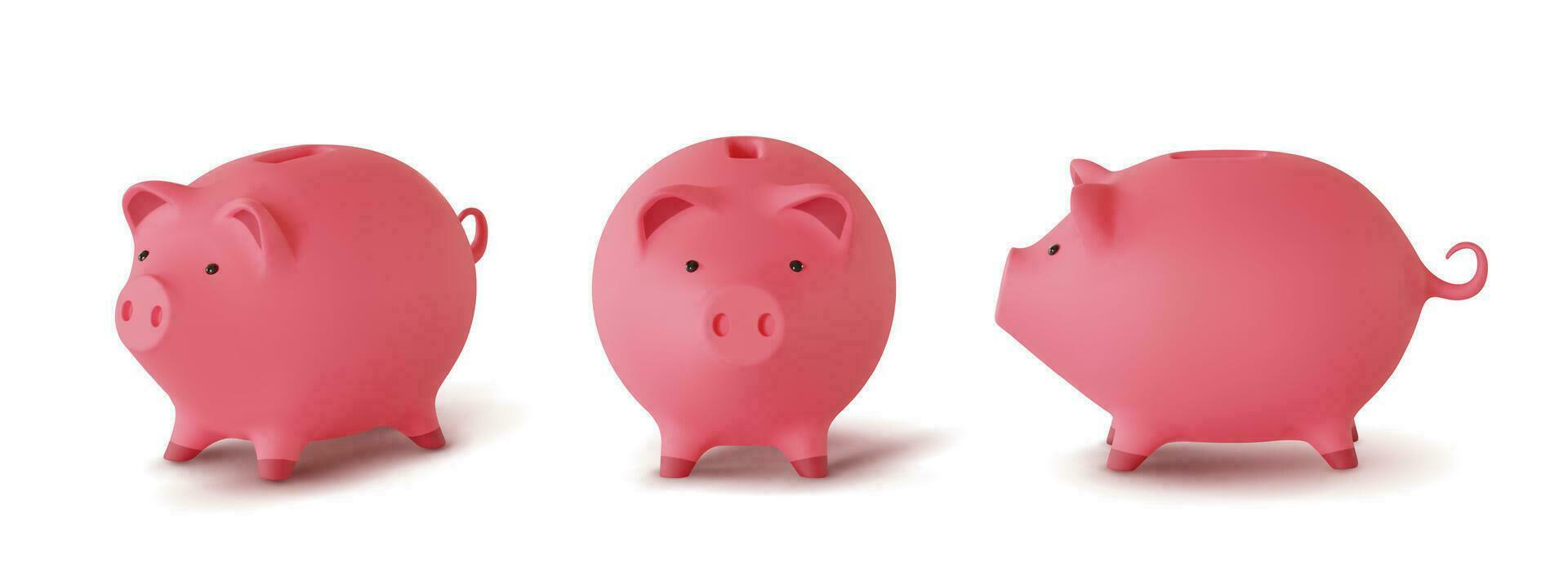 conjunto 3d realista caja de dinero en el formar de cerdo aislado en blanco fondo, vector ilustración