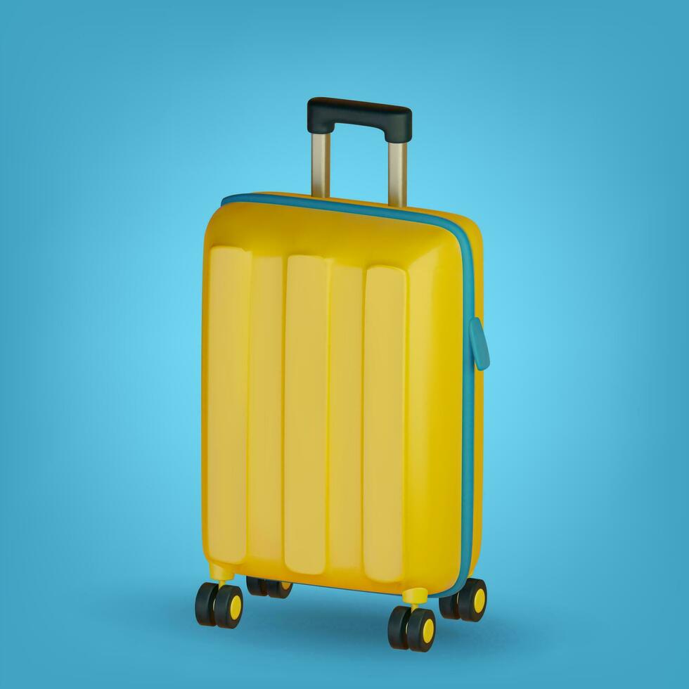 3d yellow suitcase, luggage. Realistic baggage on blue background. Vector illustration.