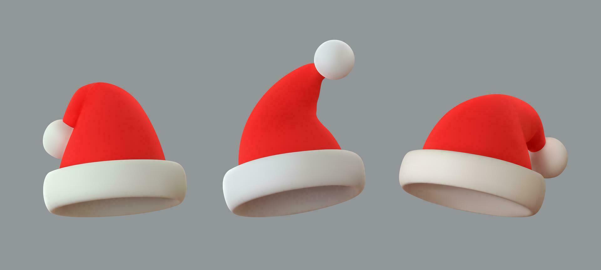 conjunto realista 3d Papa Noel claus sombrero. alegre Navidad y contento nuevo año. vector ilustración