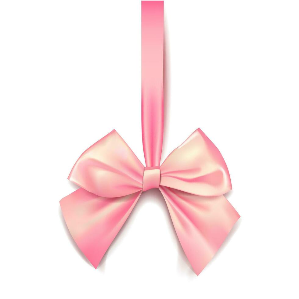 Pink bow for packing gifts. Realistic vector illustration on transparency grid.