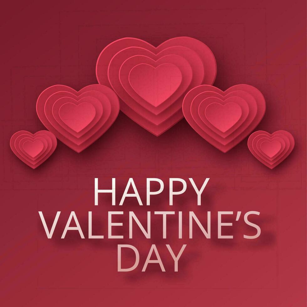 Happy Valentines Day greeting card. Paper art, love and wedding. Red paper hearts in style of origami. Vector illustration