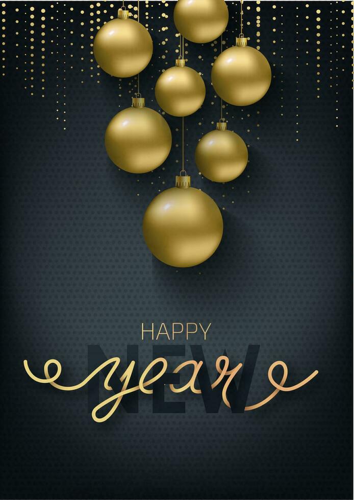Greeting card, invitation with happy New year and Christmas. Metallic gold Christmas balls, decoration, shimmering, shiny confetti on a black background. Hand written lettering. Vector Illustration