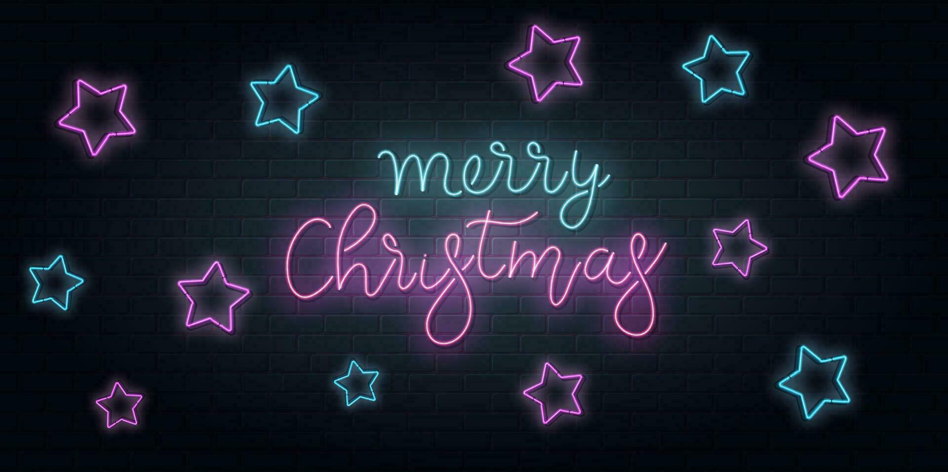 Christmas greeting card, vector background. Christmas lettering in Neon style on brick background. Blue and Purple neon colors, neon stars.. Hand drawn lettering. Vector illustration