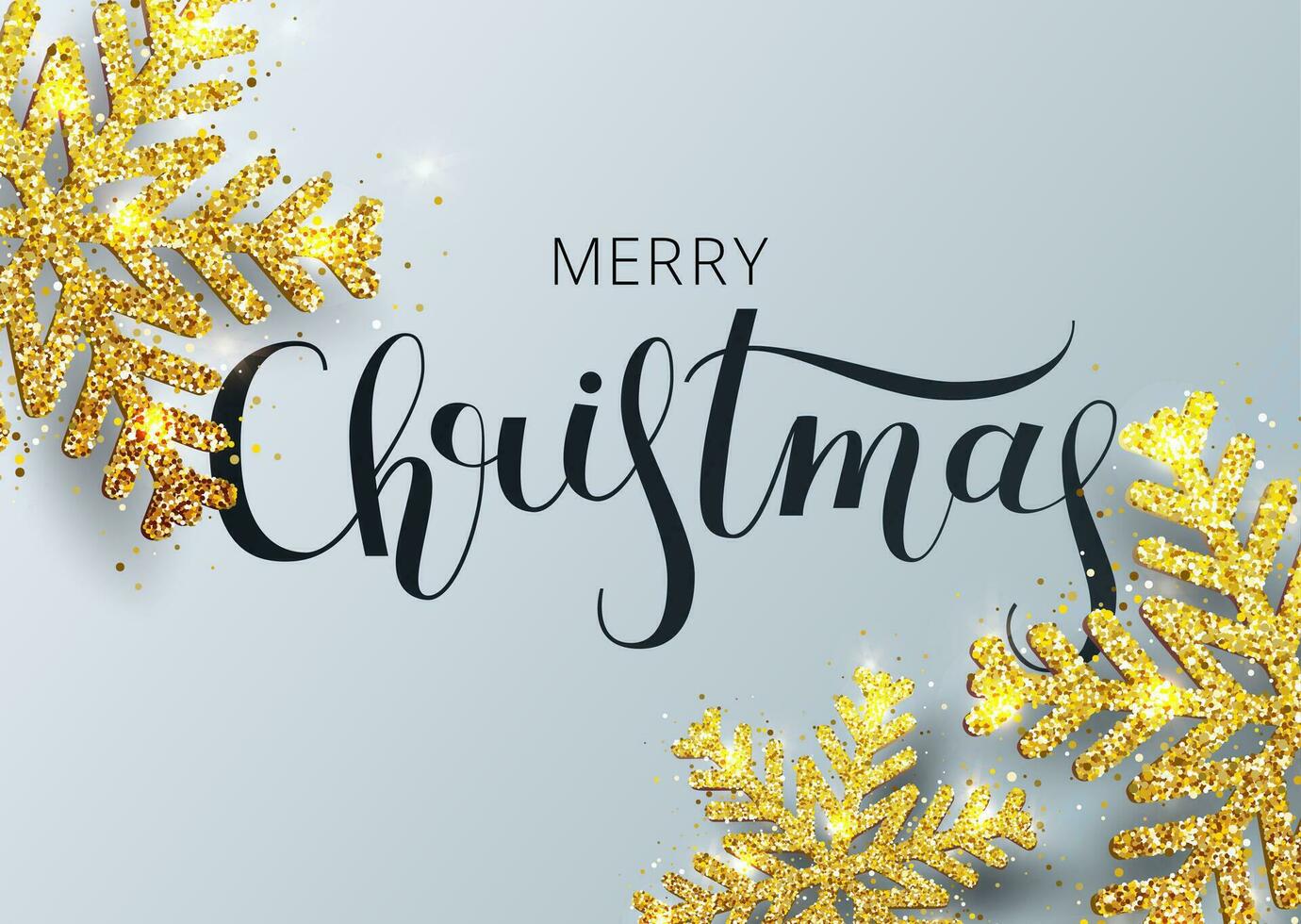 Greeting card, invitation with happy New year. Hand written lettering. Metallic gold Christmas snowflake, decoration, shimmering, shiny confetti on a white background. Vector Illustration