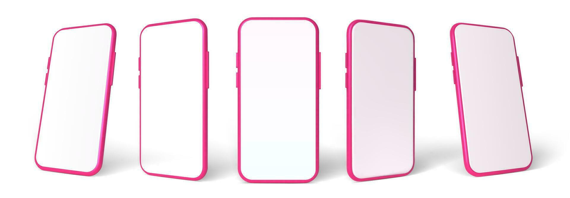 rosado teléfono inteligente Bosquejo en 3d estilo. vector modelo colocar. móvil teléfono frente ver en el blanco antecedentes