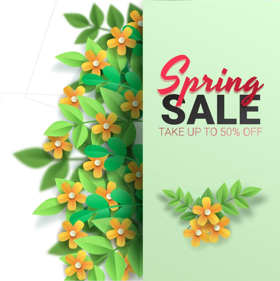 Hello Spring, floral greeting card, paper flowers. Banner with realistic paper flowers. Vector illustration