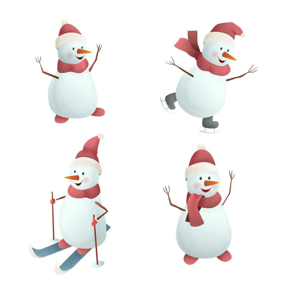 Navidad de conjunto de alegre muñecos de nieve monigote de nieve en patines, en esquís aislado en blanco antecedentes. vector ilustración