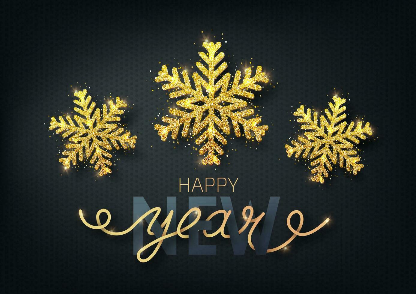 Greeting card, invitation with happy New year. Hand written lettering. Metallic gold Christmas snowflake, decoration, shimmering, shiny confetti on a black background. Vector Illustration