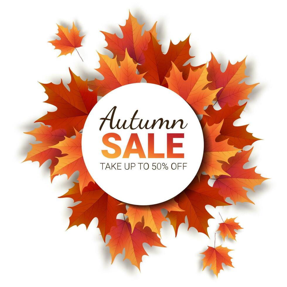 Autumn leaves. Bright colourful autumn oak leaves. Template for placards. Seasonal sale in shop. Vector Illustration