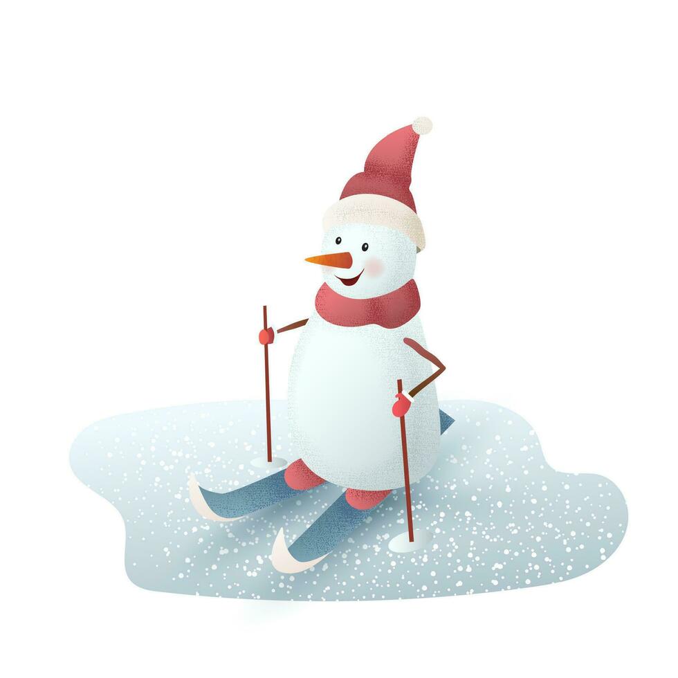 Cheerful snowman skis. Vector illustration