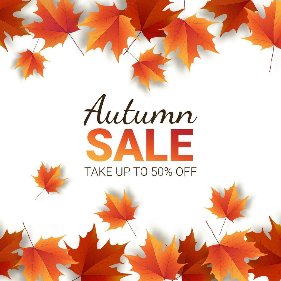Autumn leaves. Bright colourful autumn oak leaves. Template for placards. Seasonal sale in shop. Vector Illustration