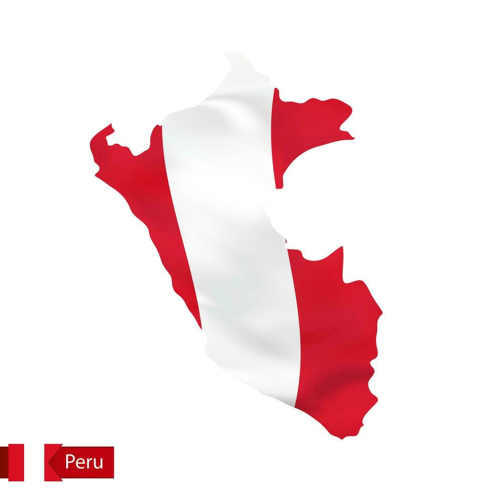 Perú mapa con ondulación bandera de país. vector